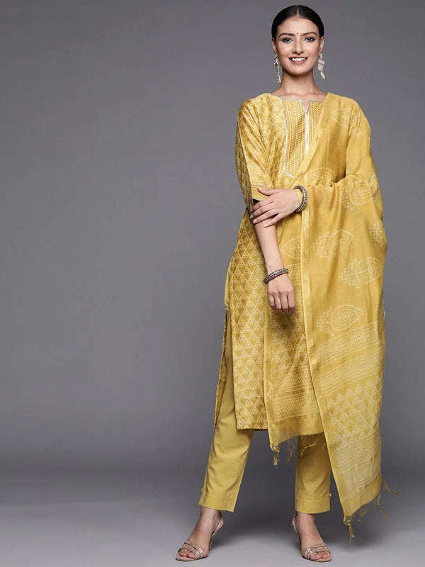 Yellow Printed Chanderi Silk Straight Suit Set - Jashvi