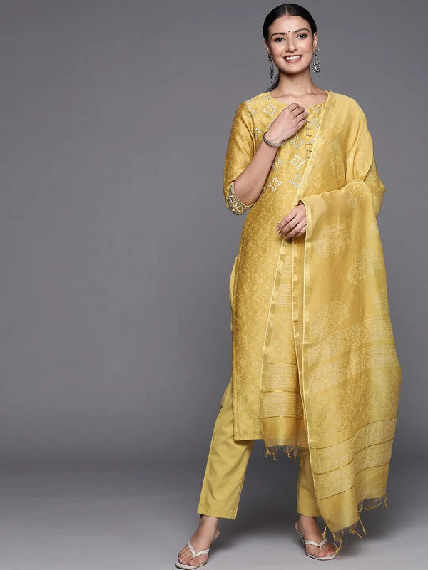 Yellow Printed Chanderi Silk Straight Suit Set - Jashvi