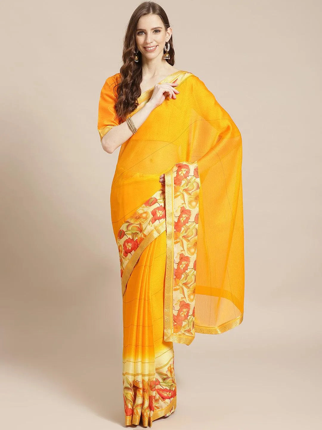 Yellow Printed Chiffon Saree - Jashvi