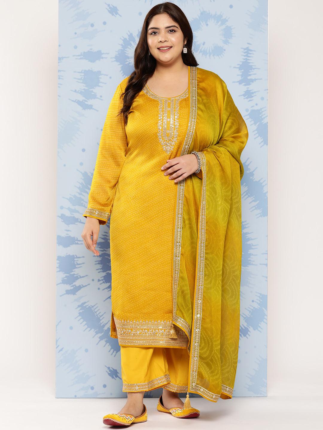 Yellow Printed Chiffon Straight Kurta With Trousers and Dupatta - Jashvi