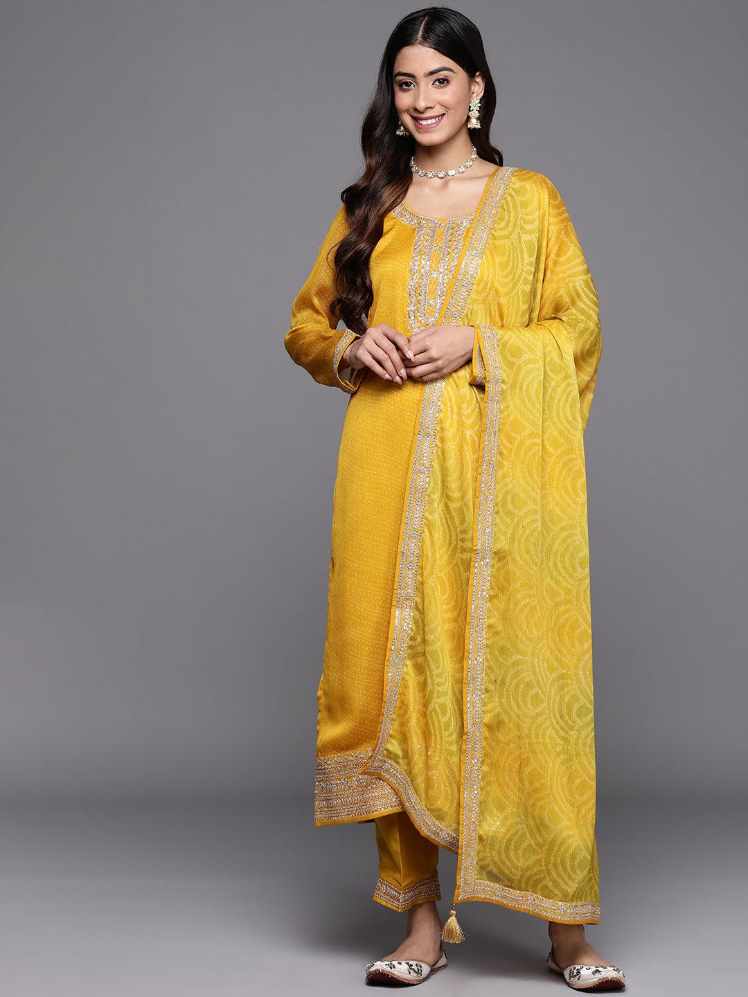 Yellow Printed Chiffon Straight Suit Set With Trousers - Jashvi