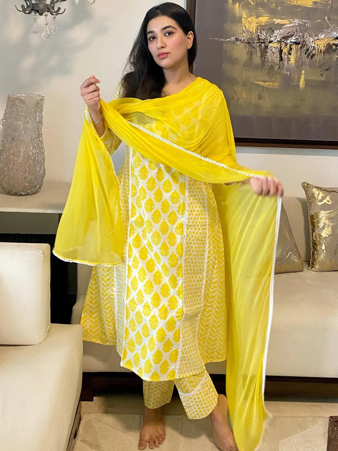 Yellow Printed Cotton Suit Set - Jashvi