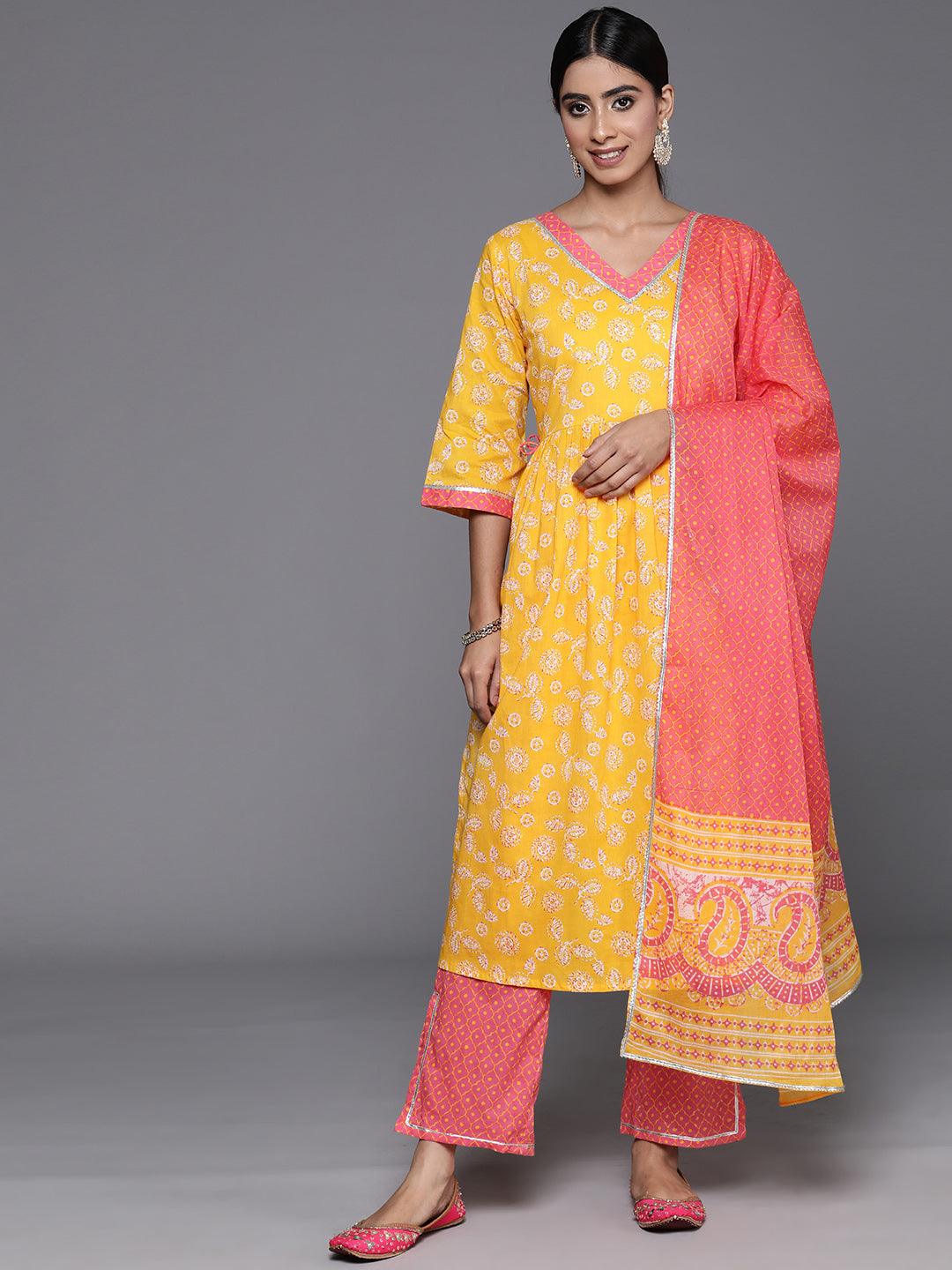 Yellow Printed Cotton A-Line Kurta With Palazzos & Dupatta - Jashvi