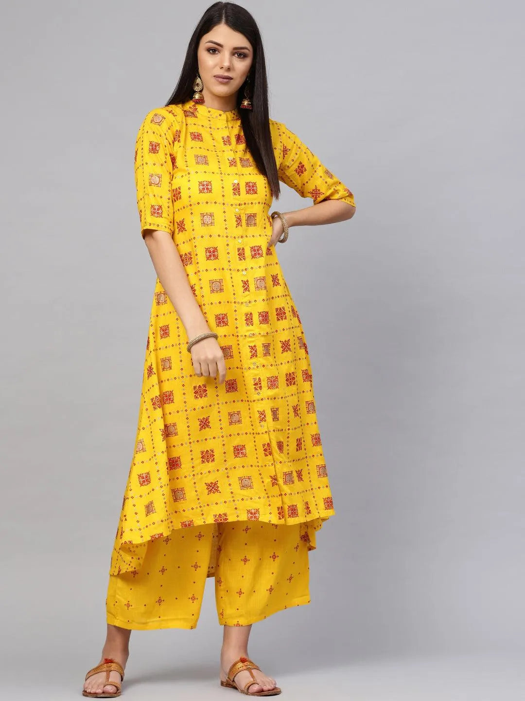 Yellow Printed Cotton Blend Kurta Set - Jashvi