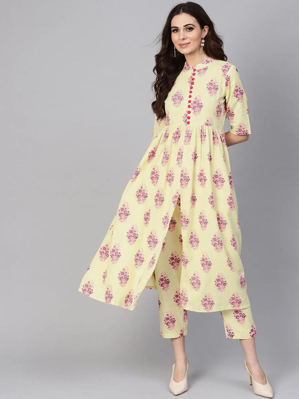 Yellow Printed Cotton Kurta Set - Jashvi