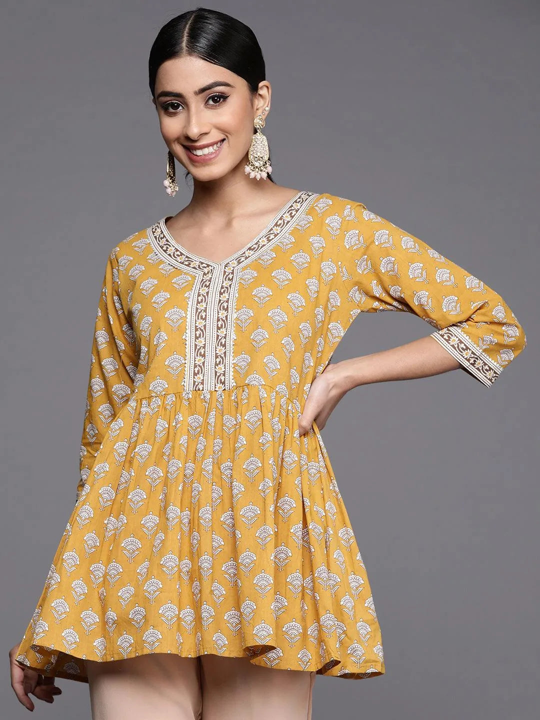 Yellow Printed Cotton A-Line Kurti - Jashvi