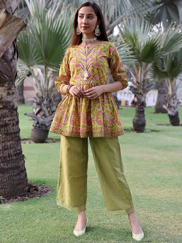 Yellow Printed Cotton A-Line Kurti - Jashvi