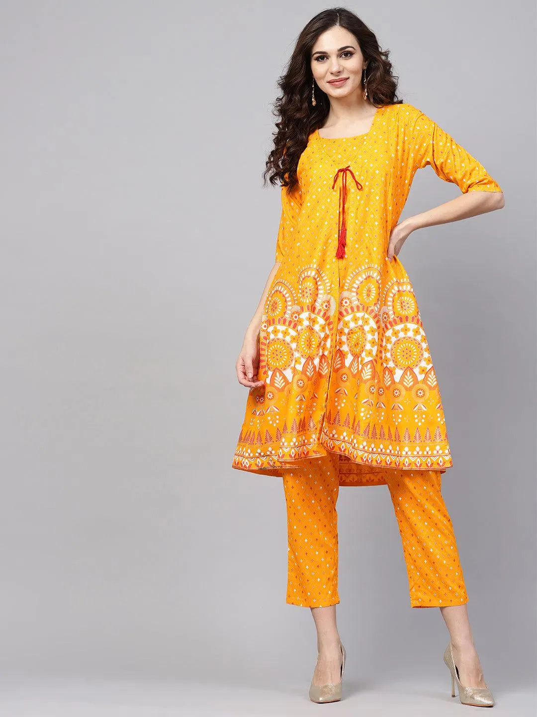 Yellow Printed Cotton Kurta Set With Jacket - Jashvi