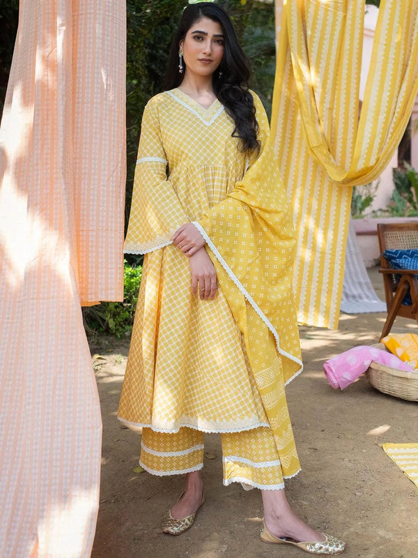 Yellow Printed Cotton Suit Set - Jashvi