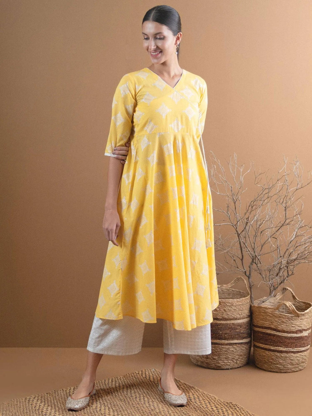 Yellow Printed Cotton Kurta Set - Jashvi