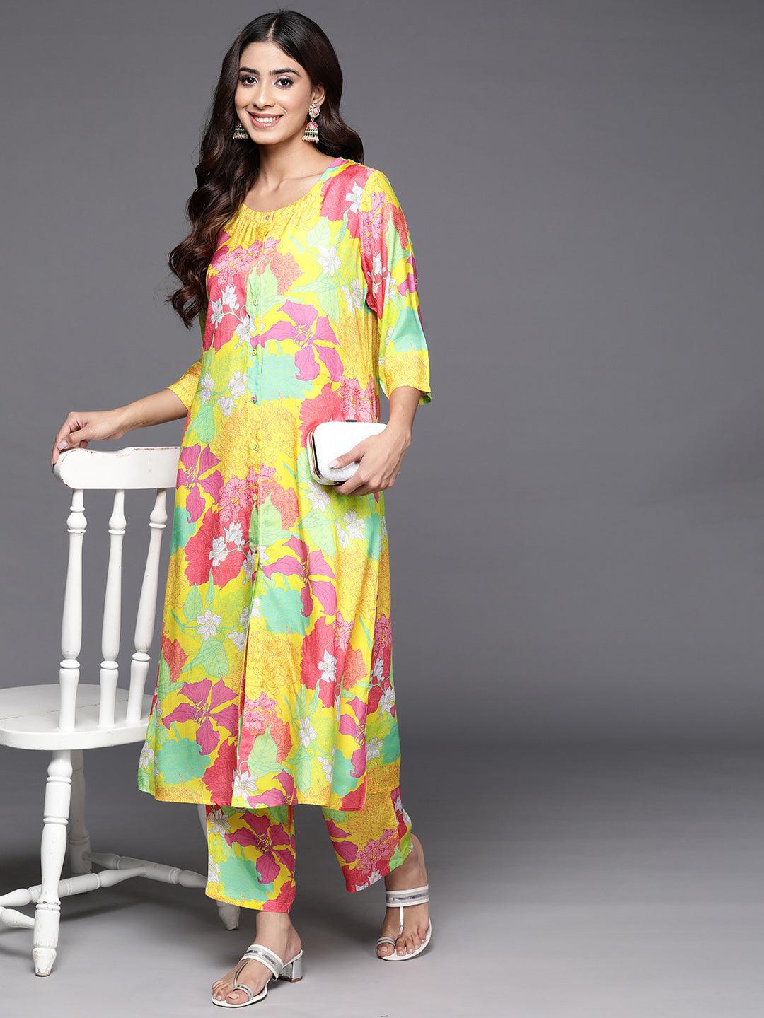 Yellow Printed Cotton Blend Tunic With Palazzos - Jashvi