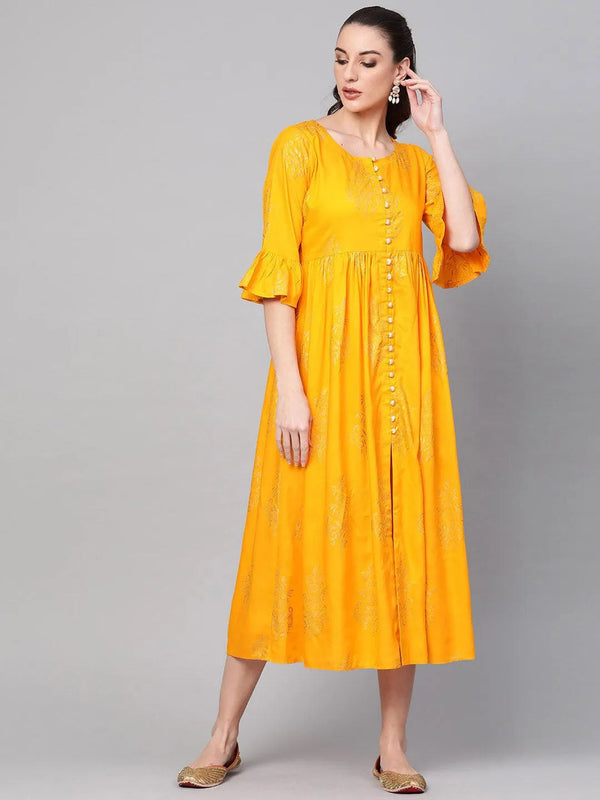 Yellow Printed Cotton Dress - Jashvi