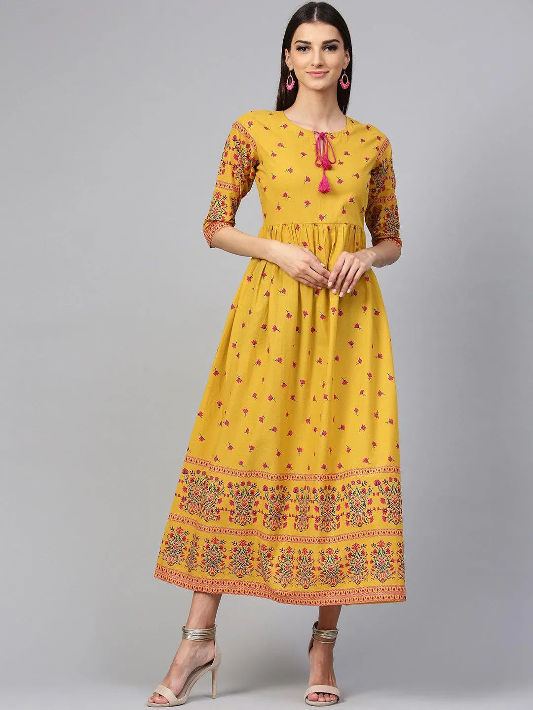 Yellow Printed Cotton Dress - Jashvi