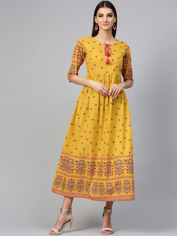 Yellow Printed Cotton Dress - Jashvi