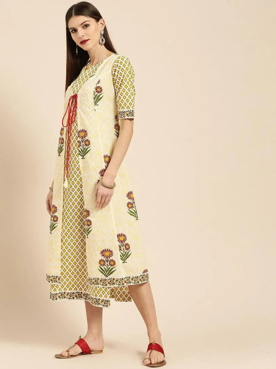 Yellow Printed Cotton Dress With Jacket - Jashvi