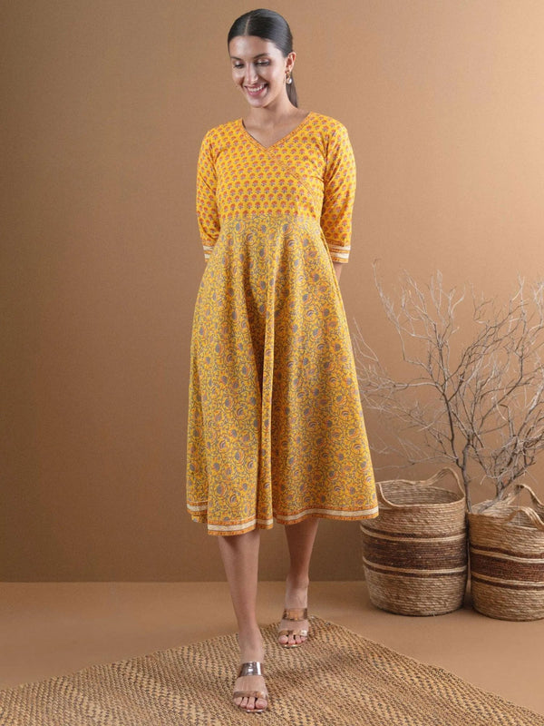 Yellow Printed Cotton Dress With Mask - Jashvi