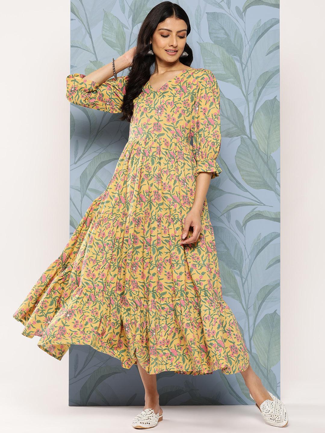 Yellow Printed Cotton Fit and Flare Dress - Jashvi