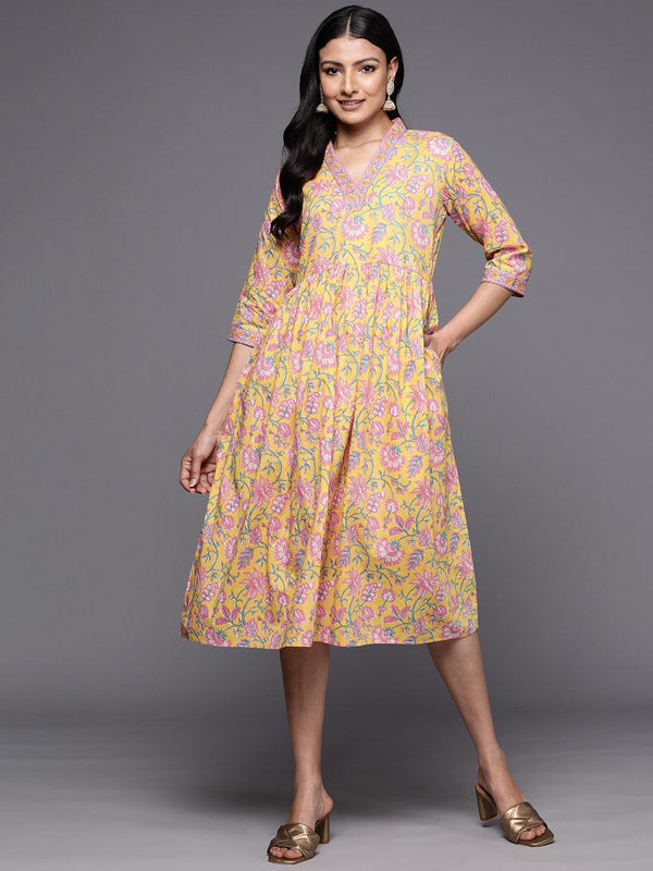 Yellow Printed Cotton Fit and Flare Dress - Jashvi