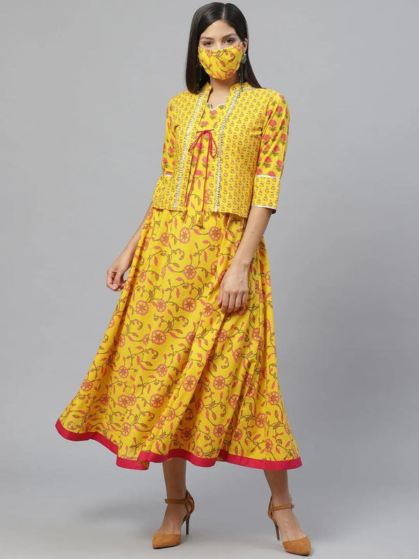 Yellow Printed Cotton Jacket Dress With Mask - Jashvi