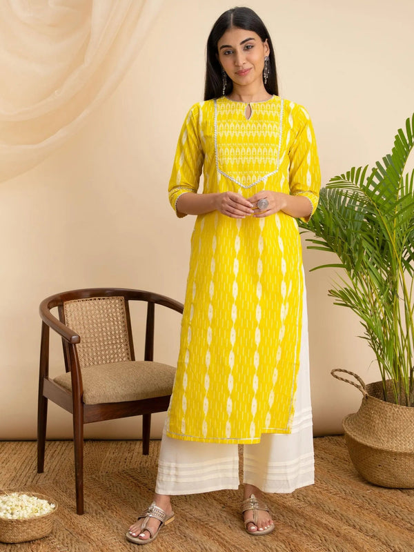 Yellow Printed Cotton Kurta