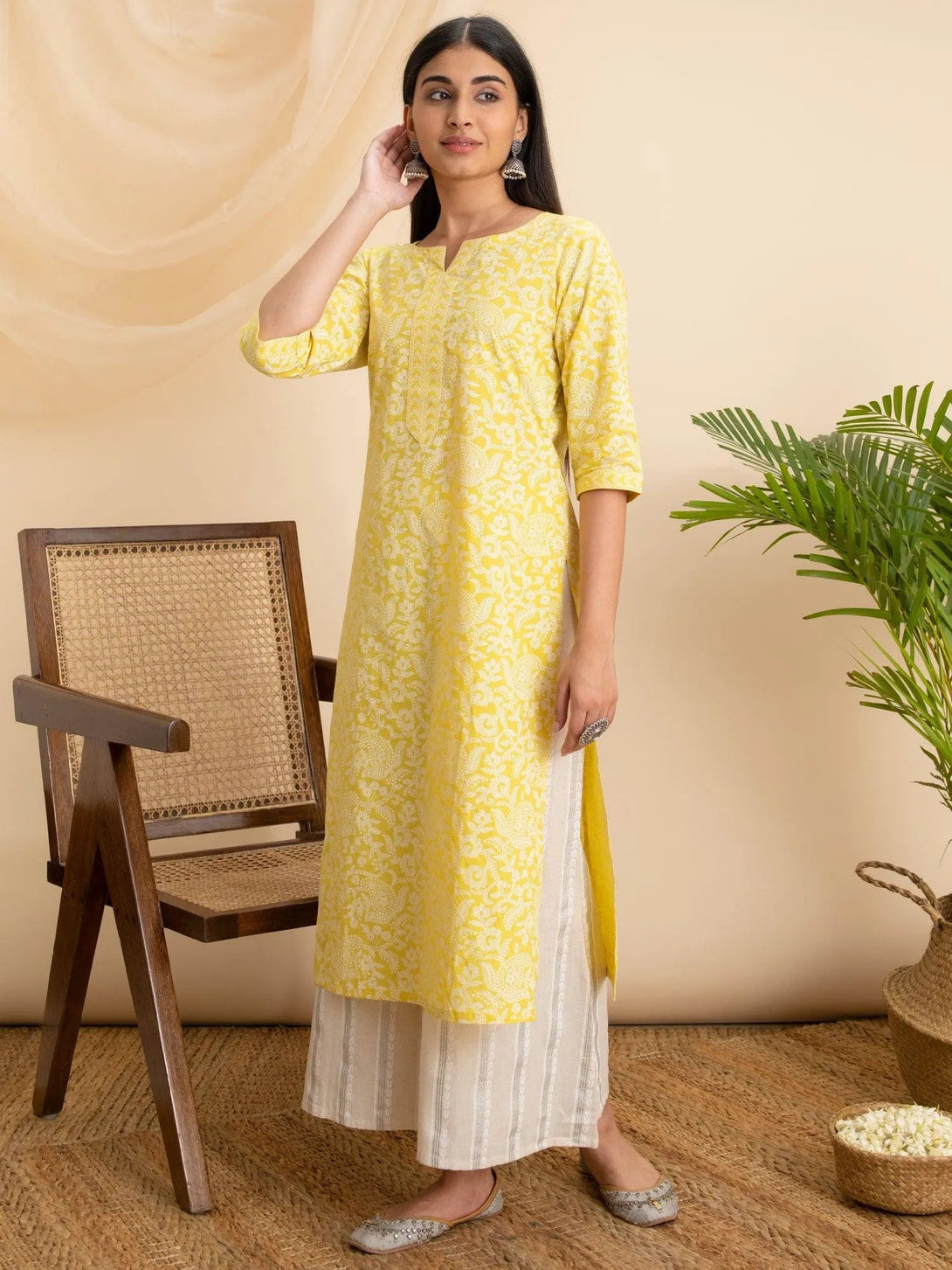 Yellow Printed Cotton Kurta - Jashvi