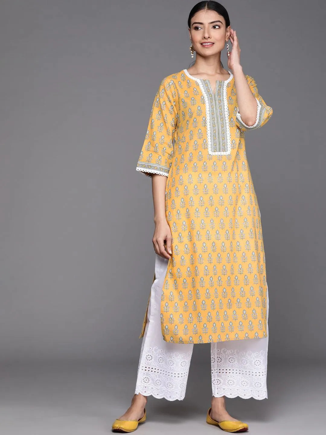 Yellow Printed Cotton Kurta - Jashvi