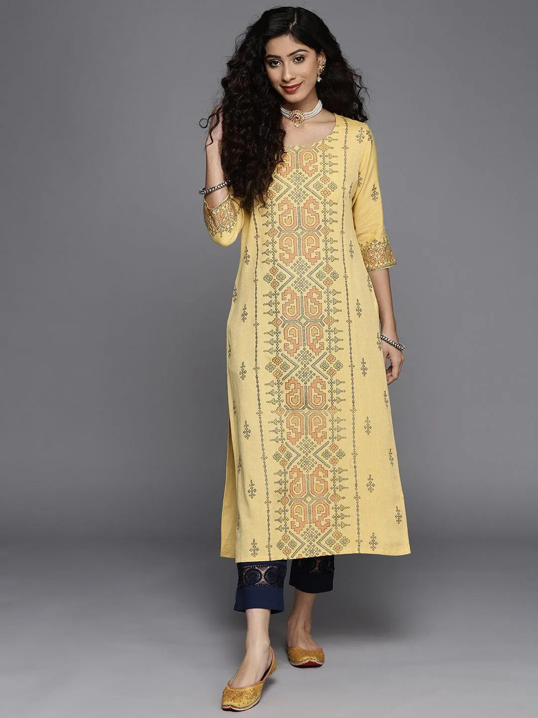 Yellow Printed Cotton Kurta - Jashvi