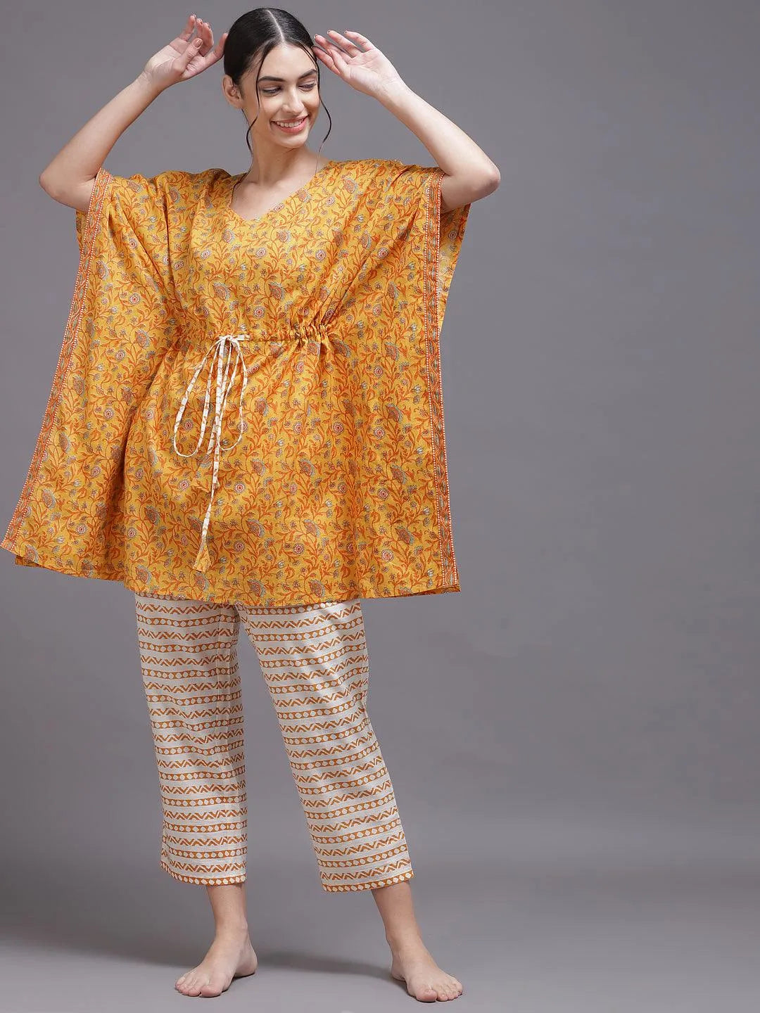 Yellow Printed Cotton Night Suit - Jashvi