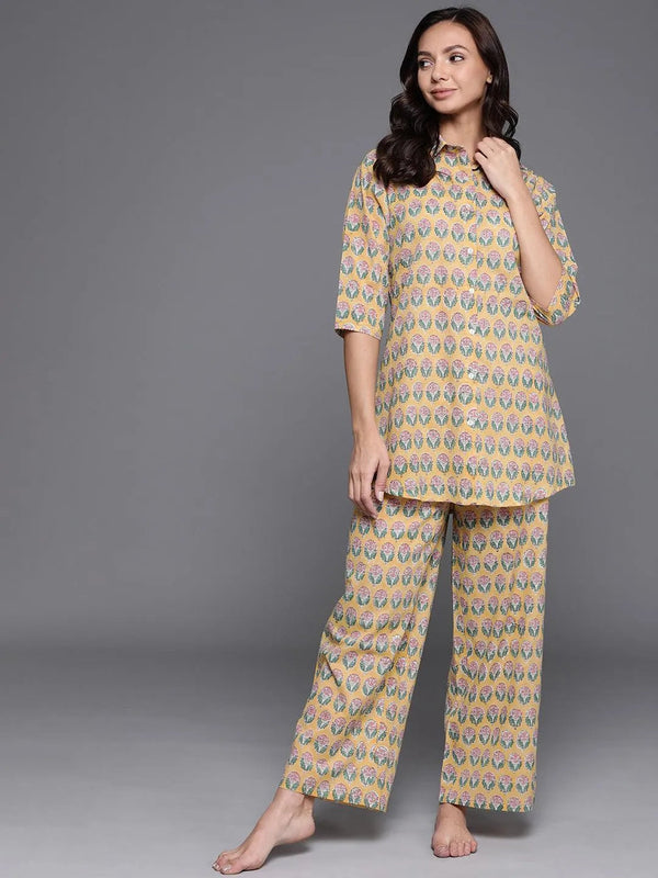 Yellow Printed Cotton Night Suit - Jashvi