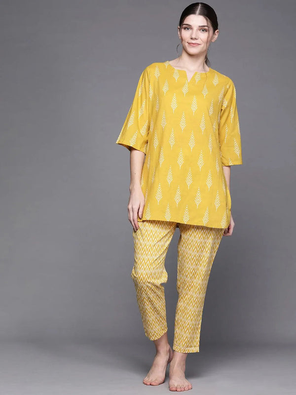 Yellow Printed Cotton Night Suit