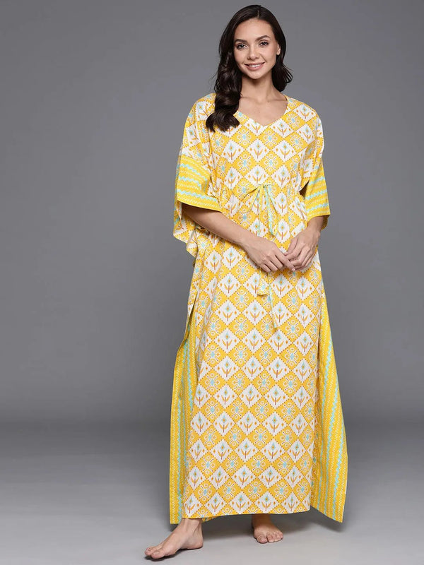 Yellow Printed Cotton Nightdress - Jashvi