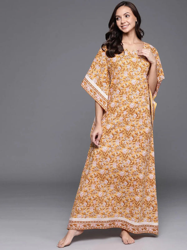 Yellow Printed Cotton Nightdress - Jashvi