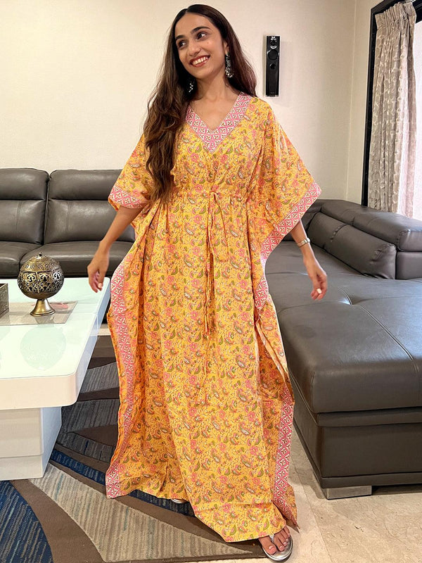 Yellow Printed Cotton Nightdress - Jashvi