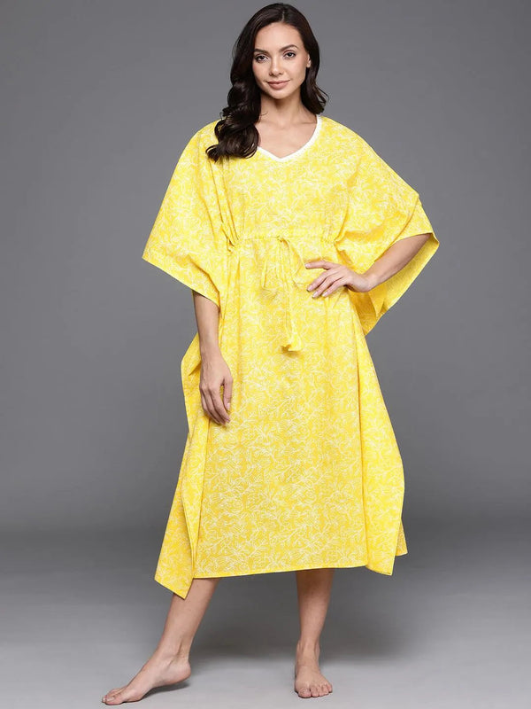 Yellow Printed Cotton Nightdress - Jashvi