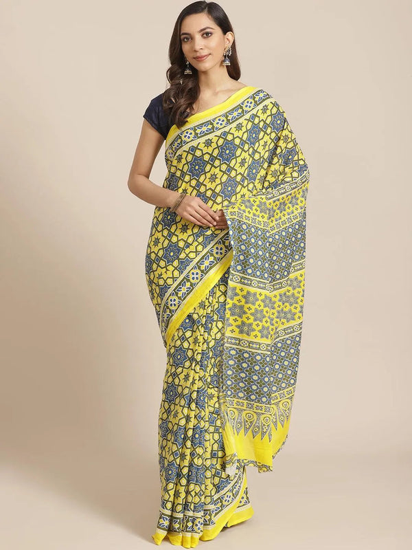 Yellow Printed Cotton Saree - Jashvi