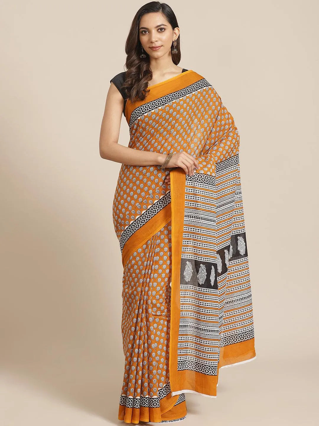 Yellow Printed Cotton Saree - Jashvi