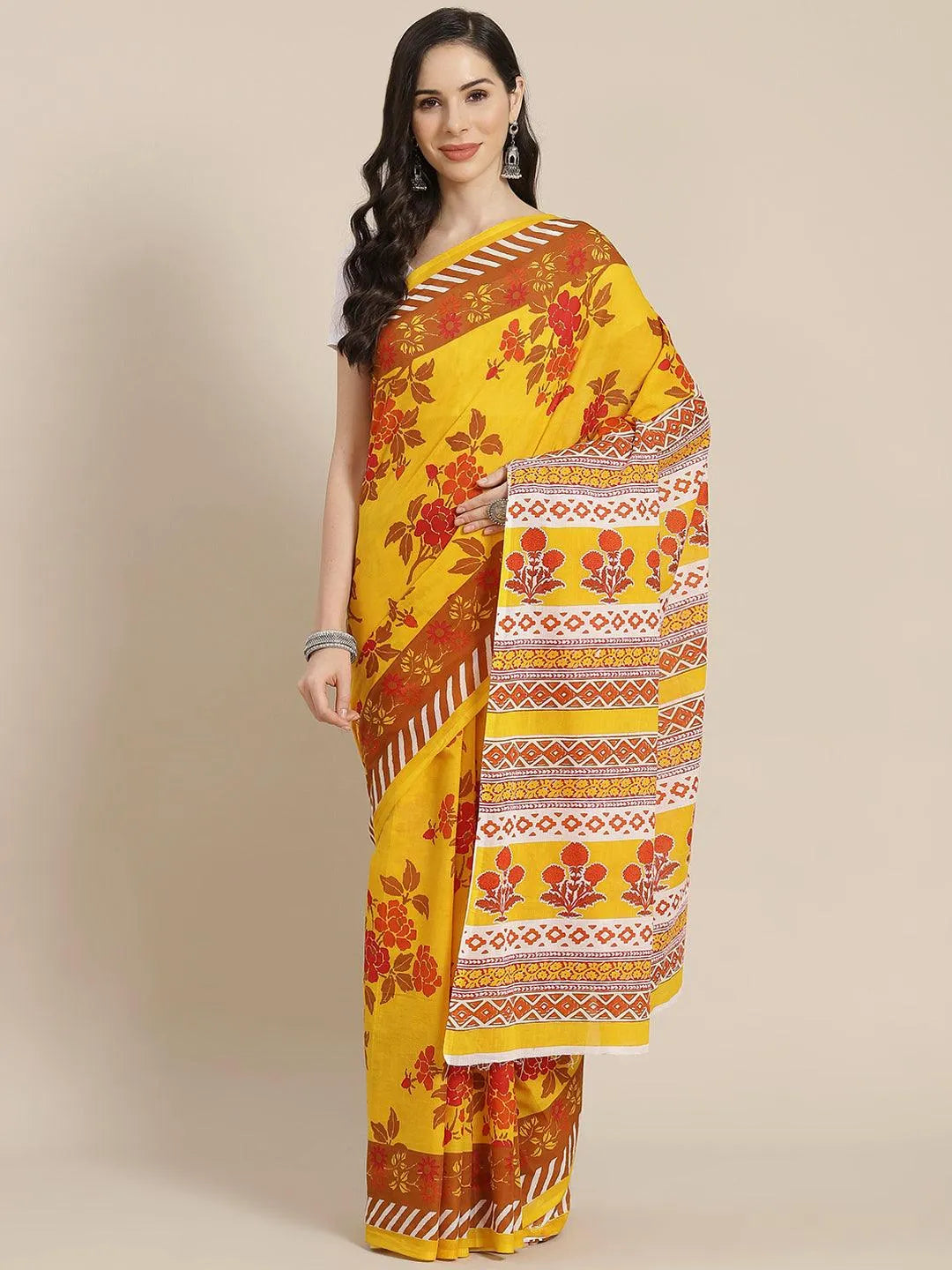 Yellow Printed Cotton Saree - Jashvi