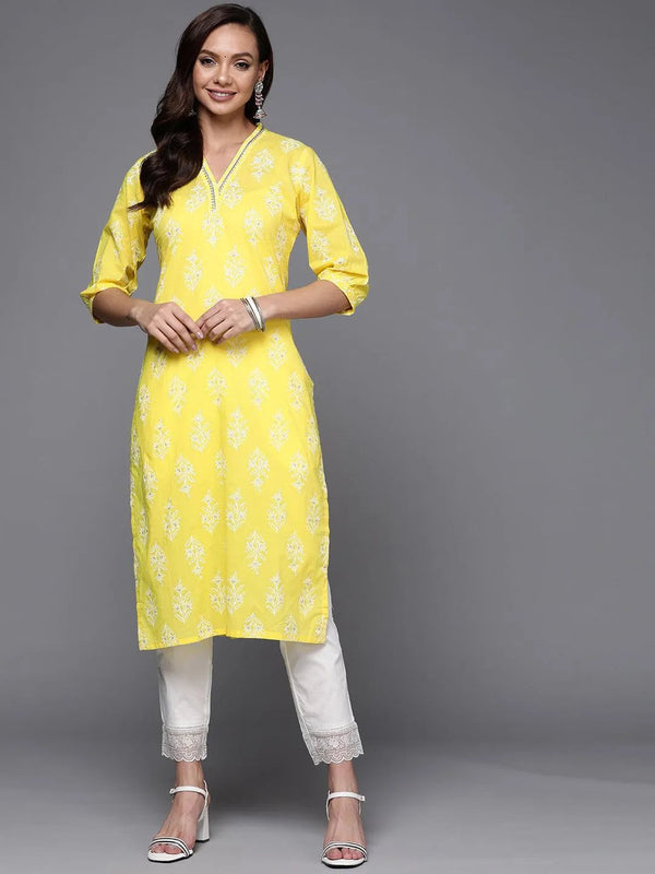 Yellow Printed Cotton Straight Kurta - Jashvi