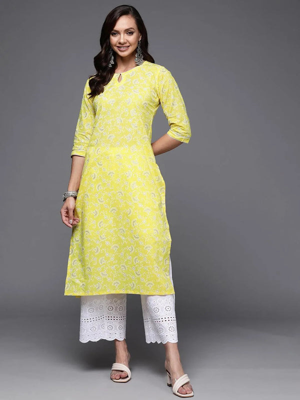 Yellow Printed Cotton Straight Kurta - Jashvi