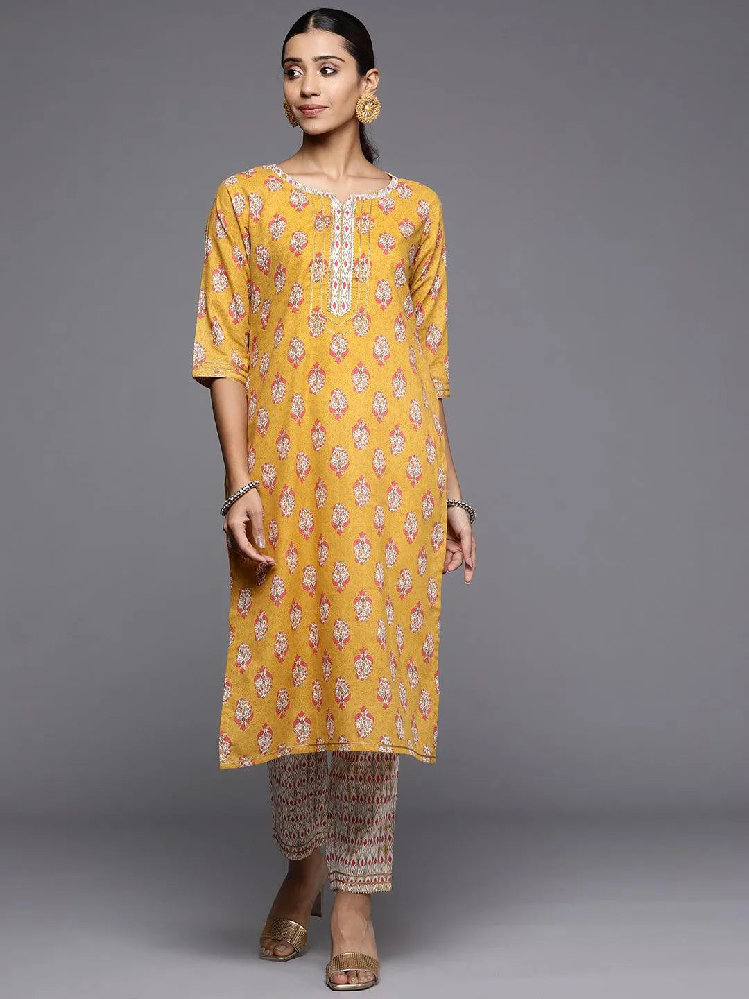 Yellow Printed Cotton Straight Kurta - Jashvi