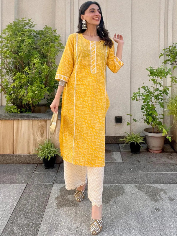 Yellow Printed Cotton Straight Kurta - Jashvi