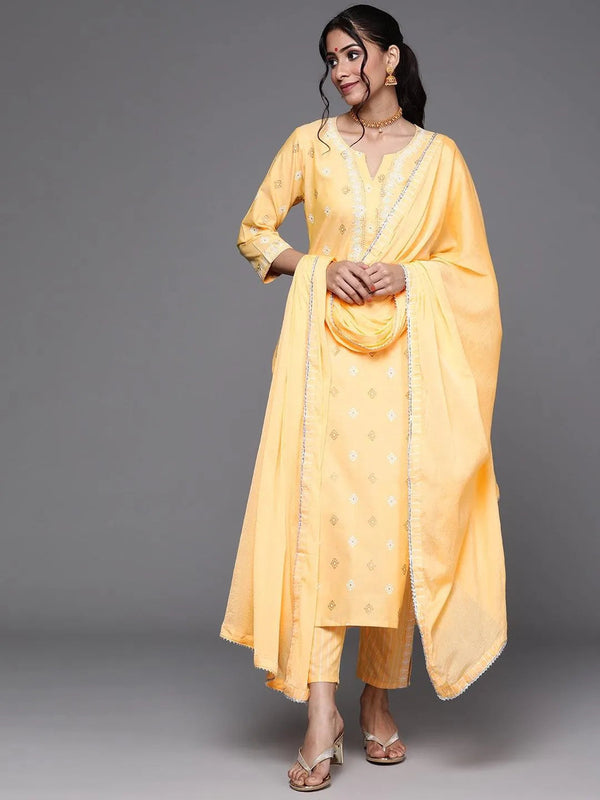 Yellow Printed Cotton Straight Kurta With Dupatta