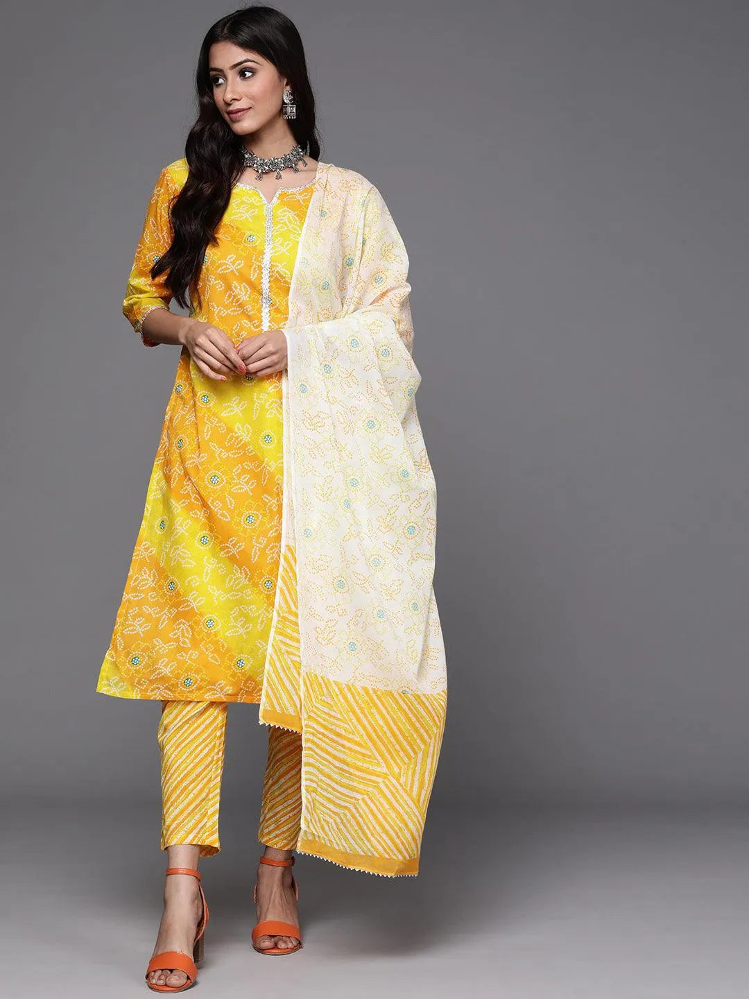 Yellow Printed Cotton Suit Set - Jashvi