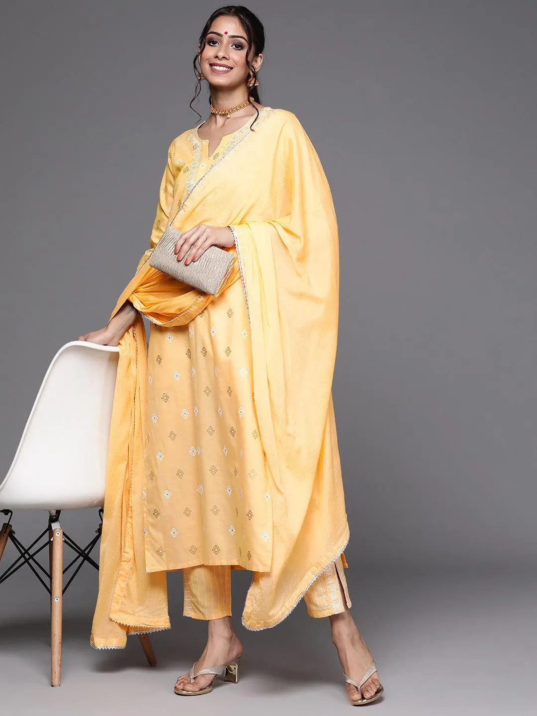 Yellow Printed Cotton Suit Set - Jashvi