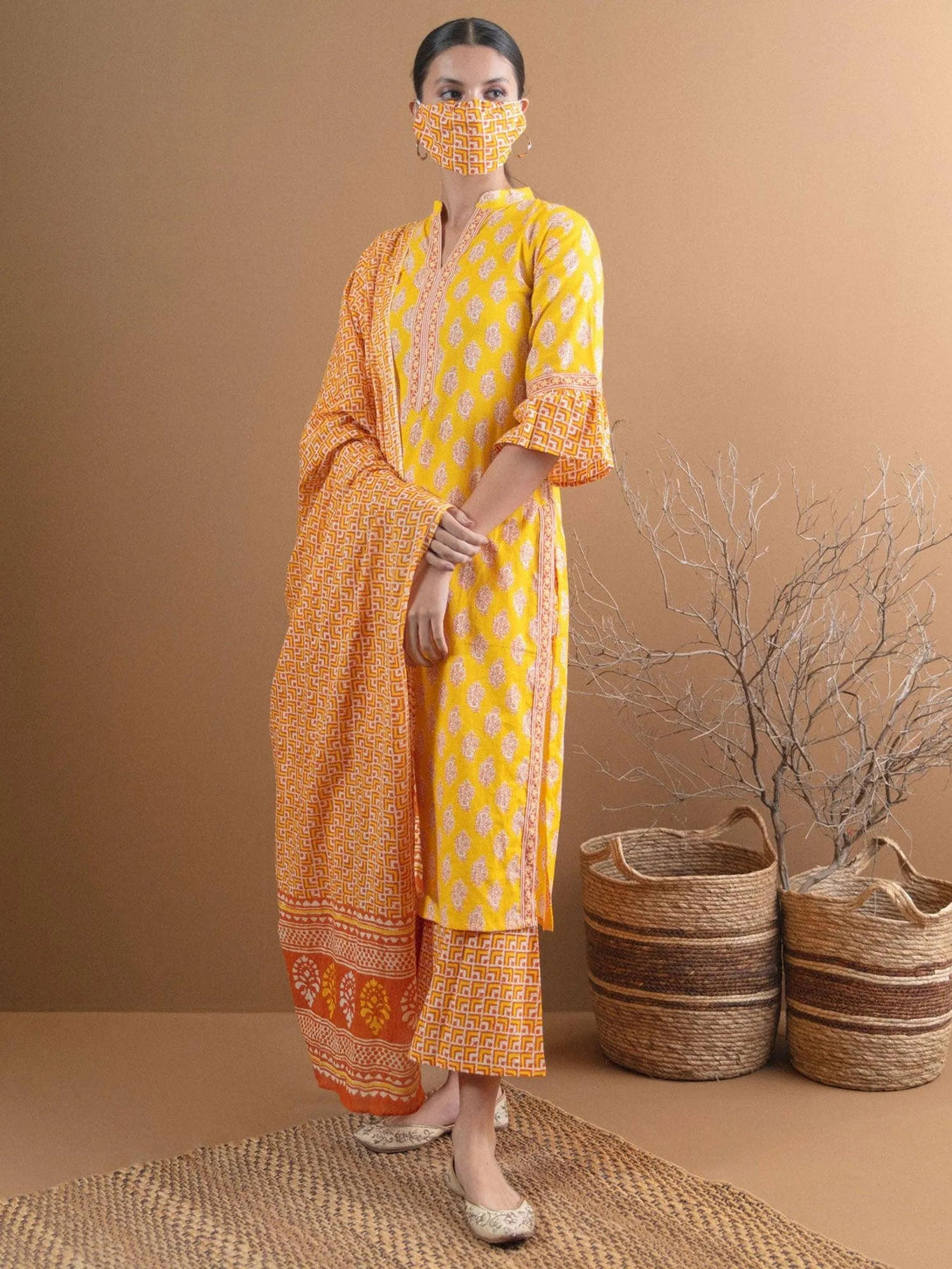 Yellow Printed Cotton Suit Set With Mask - Jashvi