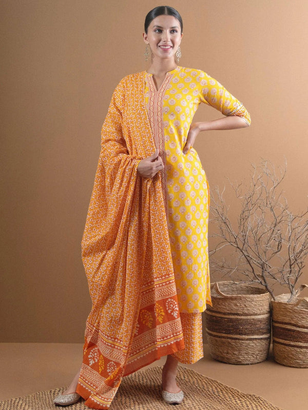 Yellow Printed Cotton Suit Set - Jashvi