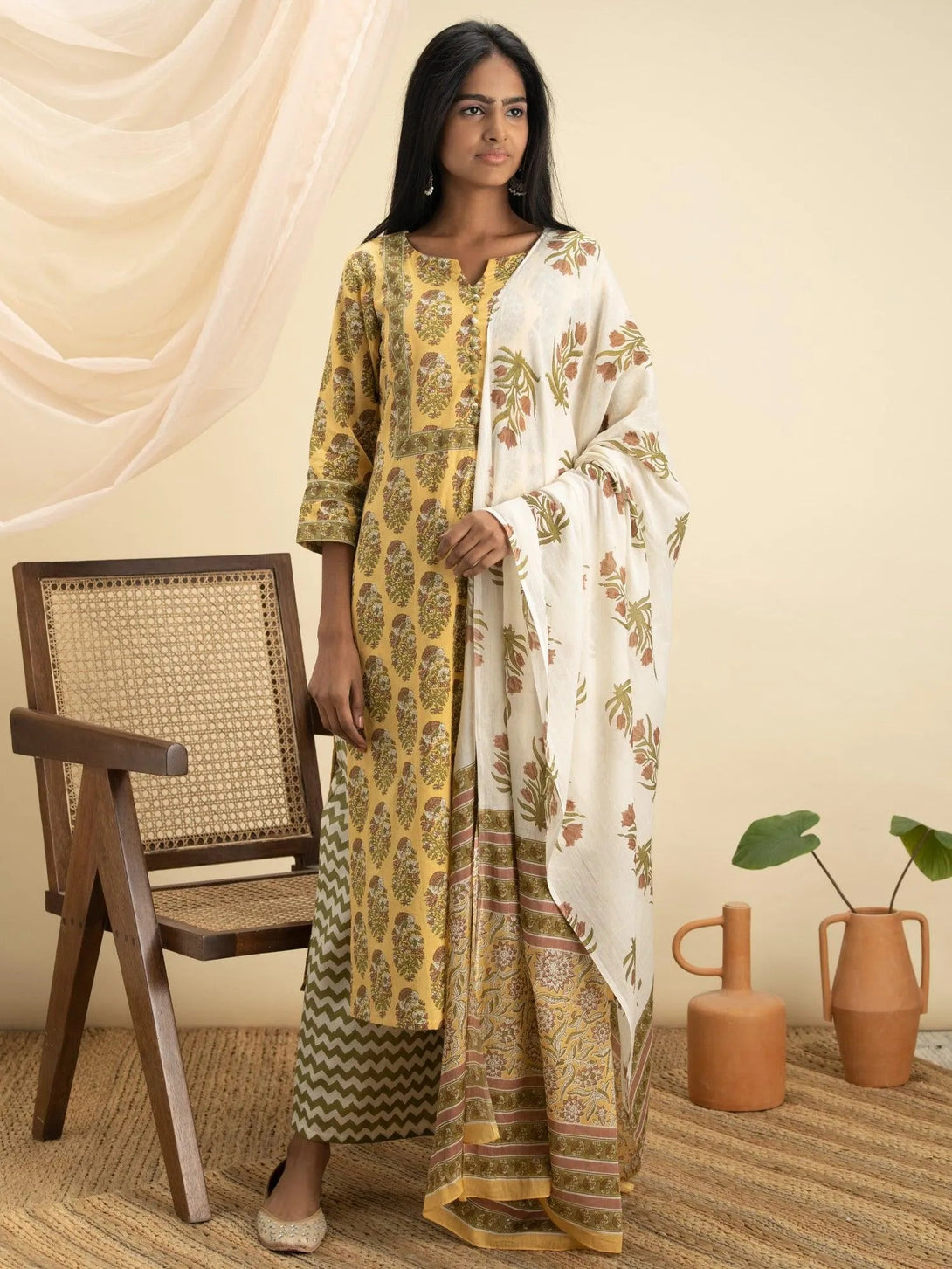 Yellow Printed Cotton Suit Set - Jashvi