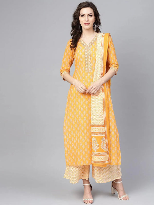 Yellow Printed Cotton Suit Set - Jashvi