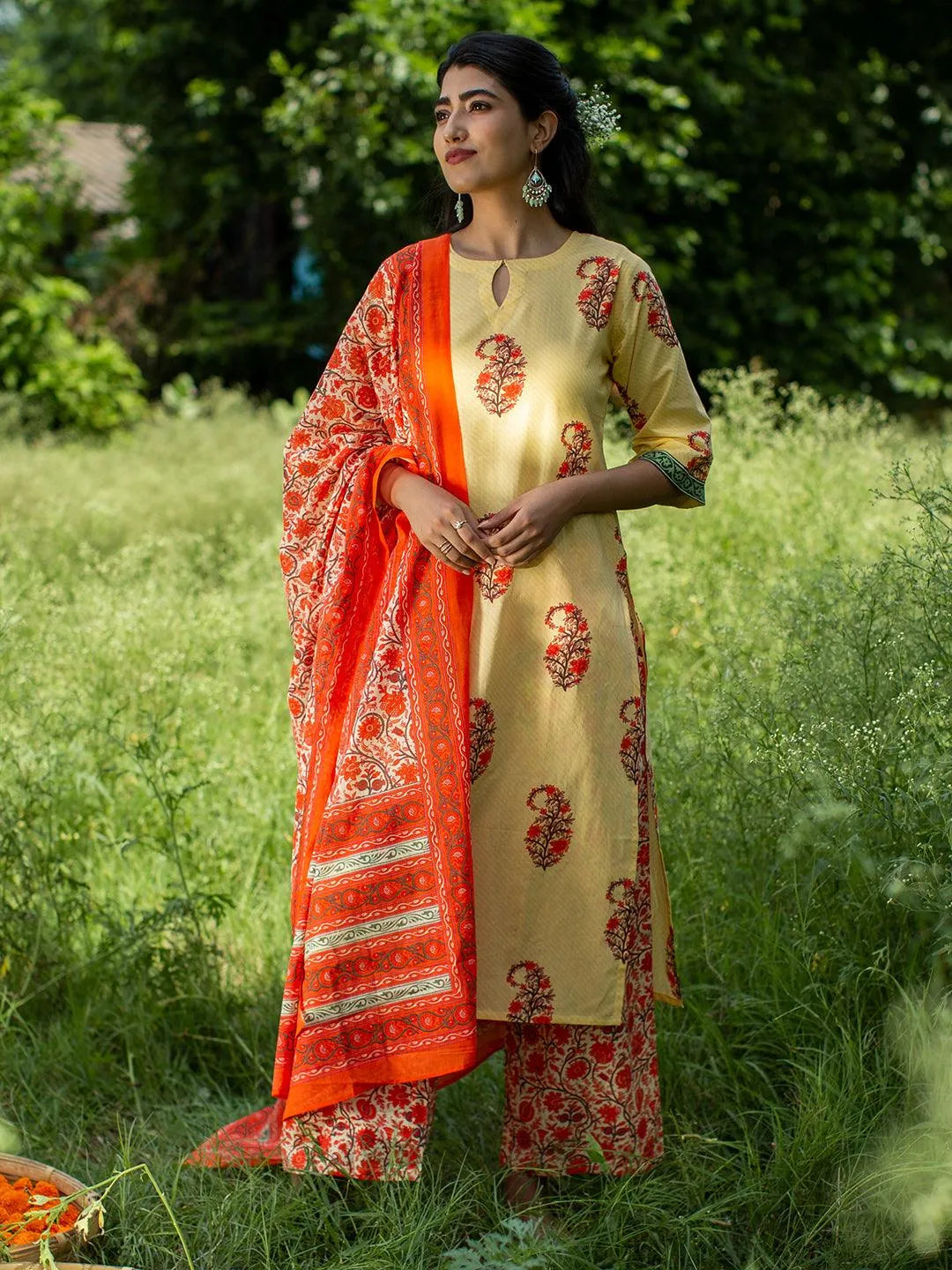 Yellow Printed Cotton Suit Set - Jashvi