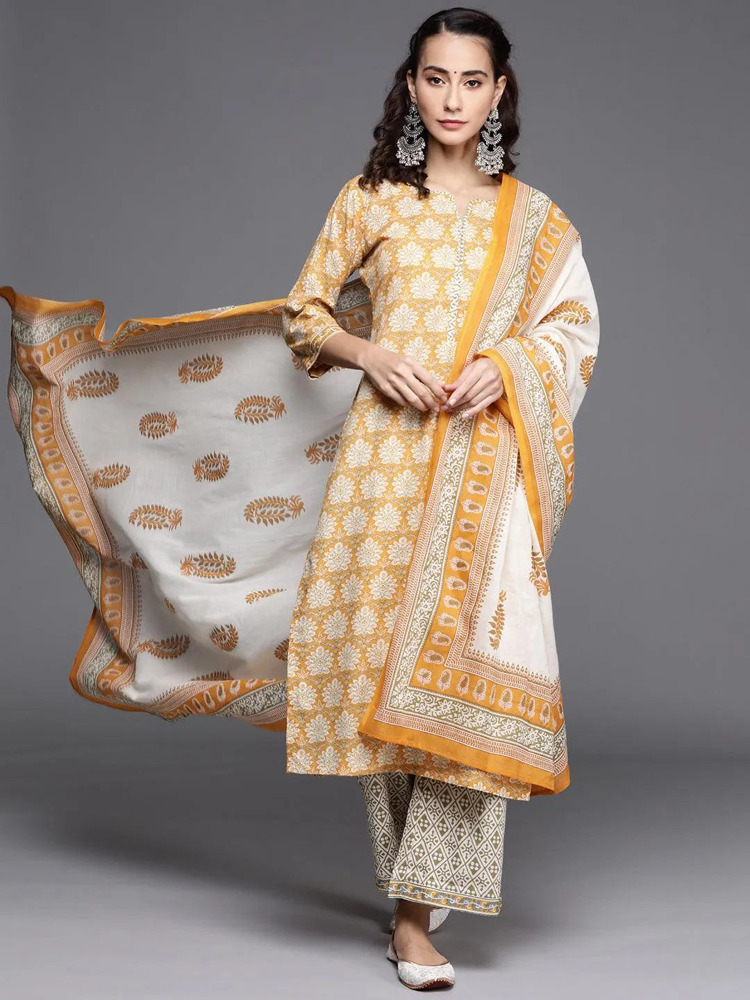 Yellow Printed Cotton Suit Set - Jashvi